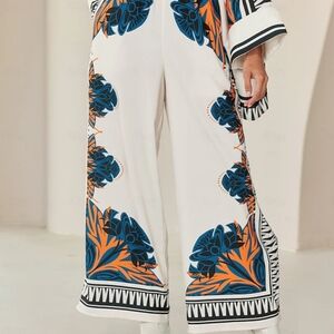 ADOR Floral Wide Leg Pants in White and Blue, M